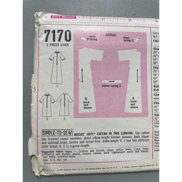 1967 Simplicity 7170 Sewing Pattern Size Small 10-12 Jiffy Caftan Vintage CUT - Picture 6 of 8